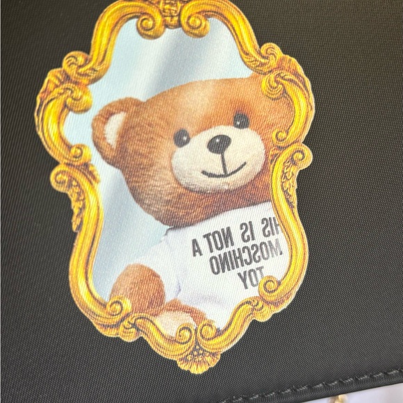 Authentic MOSCHINO Leather/Satin Bear print magnetic closure flap Crosby/Clutch - Picture 12 of 17